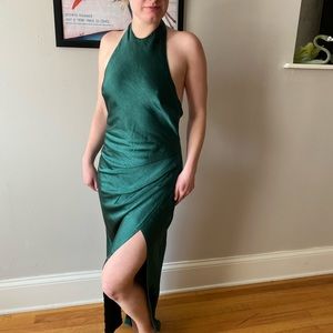 Emerald green, satin/silk halter neck gown, good for weddings